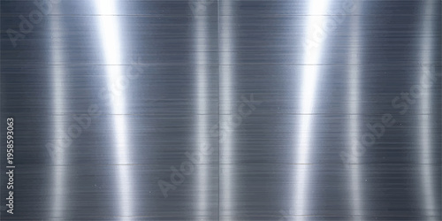Abstract brushed metal background with multiple bright vertical light reflections and blue tint with metal texture