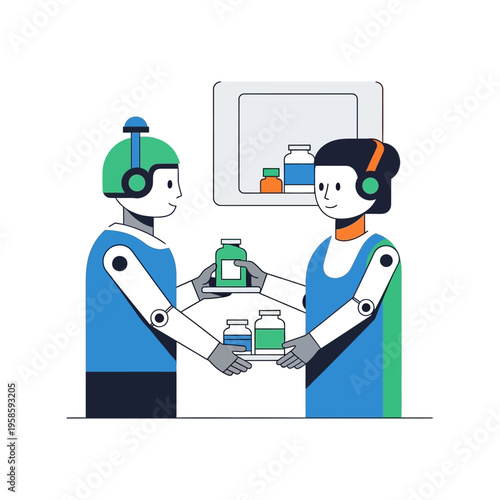 Robots working together in a warehouse handling products.