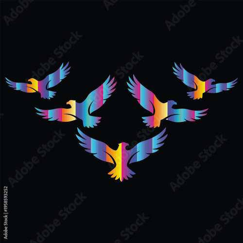  Birds Flying Symmetrical Composition with Vibrant Neon Gradient.