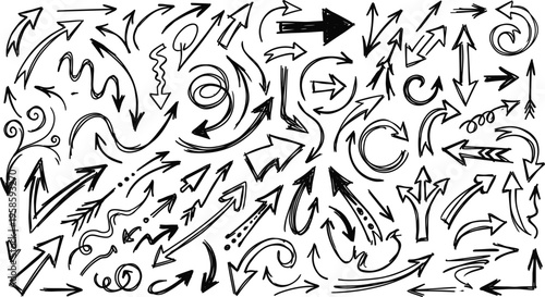 Comprehensive collection of hand drawn black ink arrow doodles featuring various pointing styles curls and curved lines for creative graphic design and layout decoration