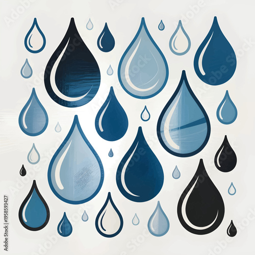 Graphic illustration featuring an array of stylized water droplets in shades of blue and black, creating a refreshing, clean pattern.
