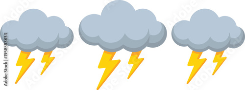 Multiple grey storm clouds with vivid yellow lightning bolts illustrating an approaching thunderstorm, weather icons for severe conditions