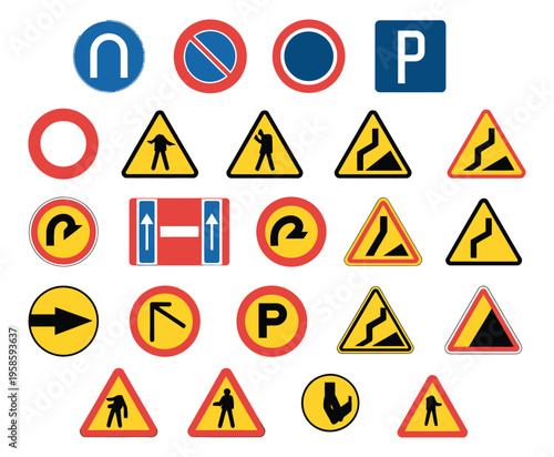 Common Road Sign Icon Set, Flat Design Vector Illustration for Safe Transportation, Traffic Control Symbols, Road Safety Signs, Navigation and Urban Infrastructure Design