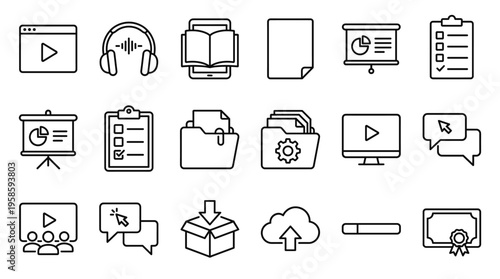 Set of 20 Education and E-learning Outline Icons Vector