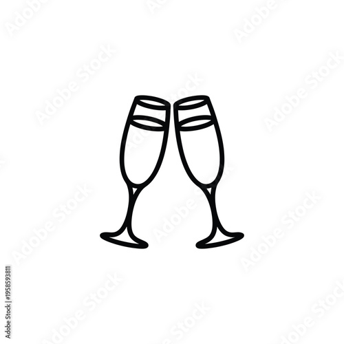 Two champagne glasses clinking together in black outline on white background celebration party
