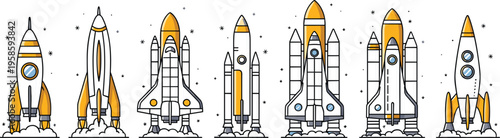 Set of flat vector rocket ship icons and space shuttle illustrations with smoke for startup launch concept technology projects and science education posters