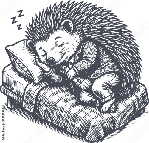 illustration of a cute hedgehog sleeping in bed dreaming with a hand drawn style and black fill, no white background, dark navy aesthetic line work, perfect for icon or symbol use