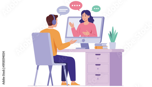 A woman video chatting with a man on a computer at a desk