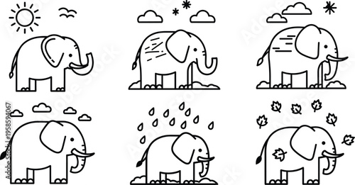 Elephant weather seasons set with sun rain wind autumn leaves cartoon line art vector illustration collection