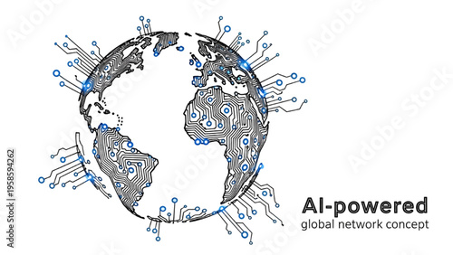 AI Powered Global Network Illustration – Digital Earth with Circuit Lines, Artificial Intelligence Connectivity and Data Technology Concept