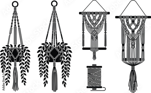 Vector macramé silhouette illustration featuring plant hangers, wall hangings, and cord spool designs