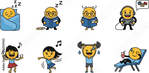 Emoji lifestyle activities set with sleeping reading gaming dancing workout relaxing cartoon vector illustration collection