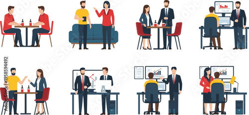 Set of flat vector business people characters working at desks meeting in office and relaxing in cafe for corporate presentations and website design
