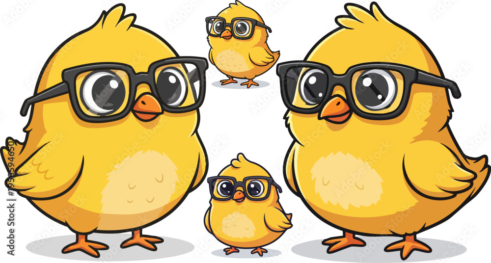 Fototapeta premium Set of 3 cartoon chicks wearing glasses vector