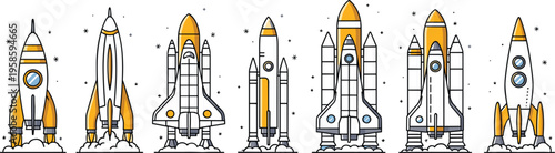 Set of flat vector rocket ship icons and space shuttle illustrations with smoke for startup launch concept technology projects and science education posters