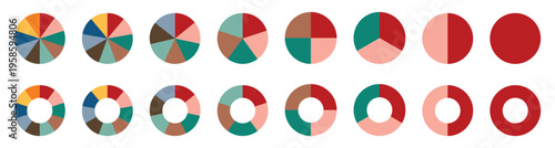 Set of colorful pie charts. Colorful pie charts with varying segments. Circle section graph. Pie chart set. Pie charts diagrams. Different color circles. donut and pie chart infographic elements set