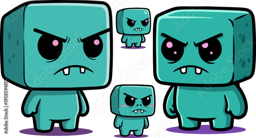 Set of 3 teal cube monsters vector