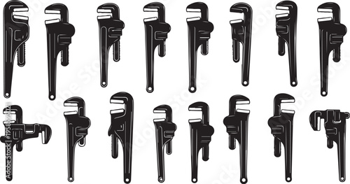 Collection of adjustable wrenches in various positions and angles