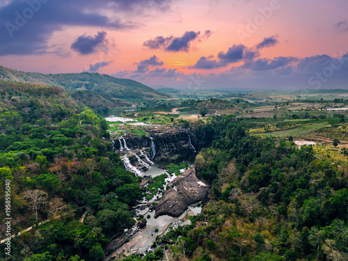 Aerial view panorama Pongour waterfall terraces Da Lat city, Vietnam.
