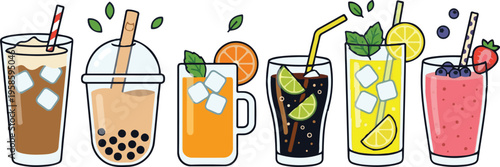 Colorful flat illustration of assorted refreshing beverages including iced coffee, bubble tea, fruit juices, and soft drinks in various glasses with ice, straws, and garnish.