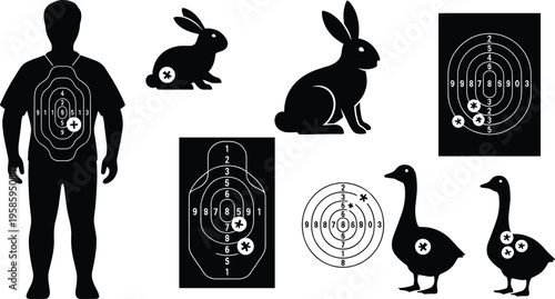 Target practice silhouettes set with human body organs, animal figures, and bullseye shooting marks for training and hunting concept