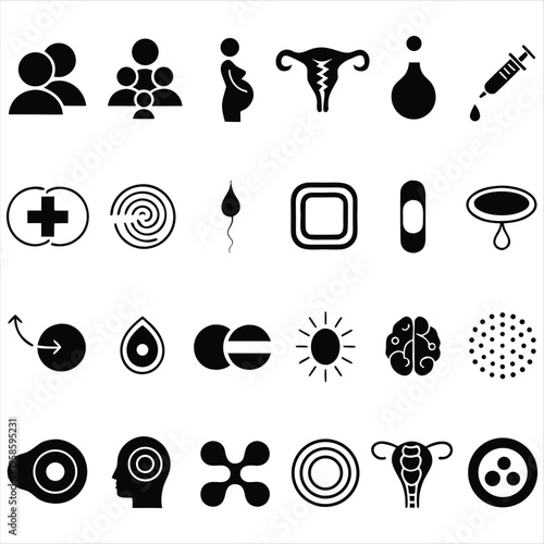 Minimalist family planning icon set, including pregnancy, fertility, and medical symbols