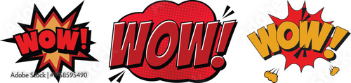 Collection of comic style “WOW!” icon set explosion speech bubbles with bright colors, halftone textures. Perfect for comics, posters, ads, and fun graphic designs.