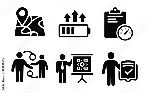 Efficiency expert solid icon set, isolated vector illustration representing waste elimination, capacity planning, productivity benchmarking and workflow optimization.