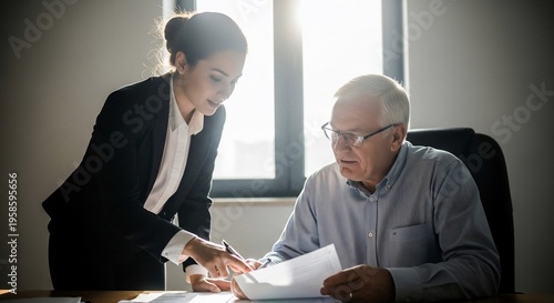 Businesswoman helping senior man with documents.