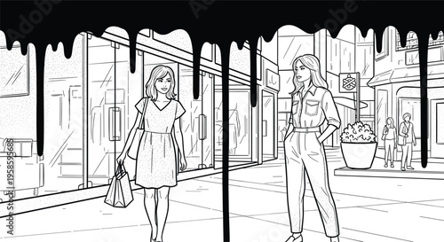 Two Fashionable Women Walking in Urban Street with Graffiti and Dripping Paint Elements for Fashion and Street Style Concepts