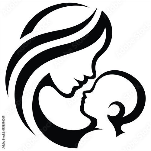 Stylized black and white vector illustration of a mother kissing her baby's forehead.