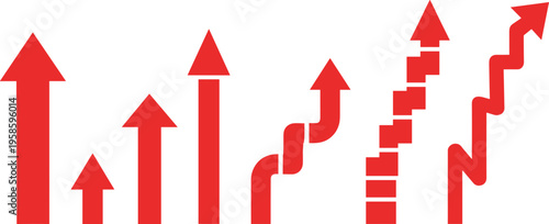 Upward growth arrow set with rising trend indicators, step and zigzag progress charts for business success and financial increase concept