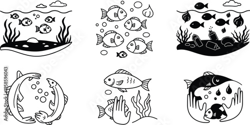 Ocean pollution and fish protection icons set with marine life environment concept line art vector illustration collection