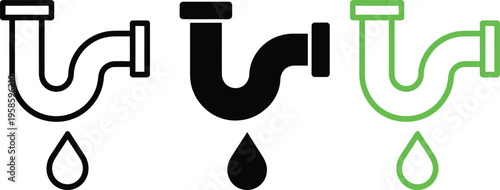 Illustration of different pipe fittings with water droplets at the ends