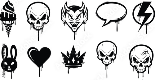 Urban streetwear melting icons set featuring black and white dripping skulls ice cream cone devil heart and crown silhouettes for edgy graphic design