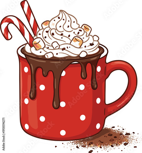 Delicious Hot Chocolate in Red Polka Dot Mug Topped With Whipped Cream Marshmallows And Festive Candy Canes