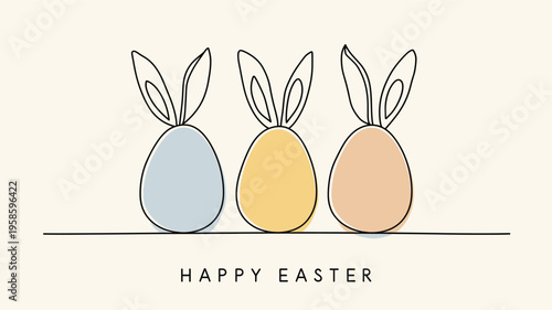 Easter eggs with bunny ears and Happy Easter text. Happy Easter greeting card. Pastel colored eggs with bunny ears and Happy Easter text, celebrating spring holiday