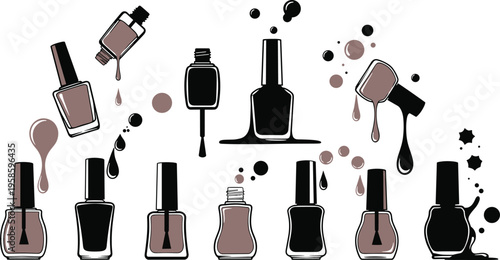 Vector illustration set of nail polish bottles with dripping lacquer splashes and drips for manicure and beauty salon design.Vector illustration set of nail polish bottles with dripping lacquer splash