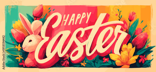 Happy Easter greeting with bunny and vibrant spring flowers. Happy Easter greeting design featuring a cute bunny, blooming tulips, and spring daffodils