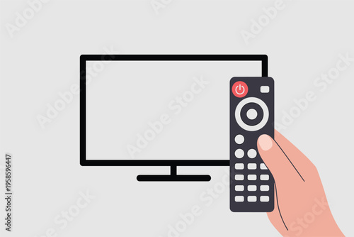 Hand Holding Remote Control Pointing at Television Screen, home entertainment concept with copy space