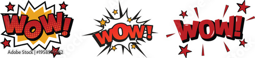 Collection of comic style “WOW!” icon set explosion speech bubbles with bright colors, halftone textures. Perfect for comics, posters, ads, and fun graphic designs.