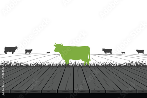 Green Cow Standing Out in a Herd, uniqueness concept with copy space