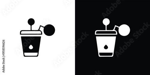 Black and white of drink cups with a straw and a drop of liquid drop beverage