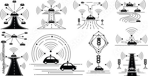 Wireless Communication and Signal Transmission Icons Set with Antennas Towers Satellites and Network Connectivity Technology Illustration