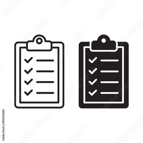 Two black and white clipboard icons with checkmarks and blank lines