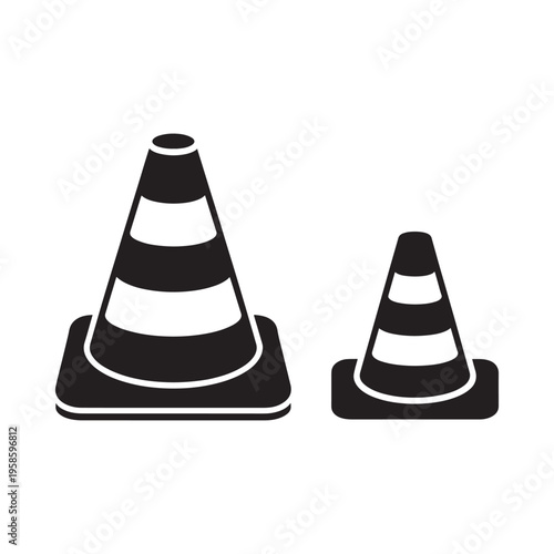 Two black and white traffic cones of differing sizes are displayed