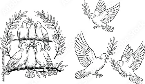 Vintage hand drawn birds illustration set with doves branches and flying sparrows isolated on white background decorative nature artwork