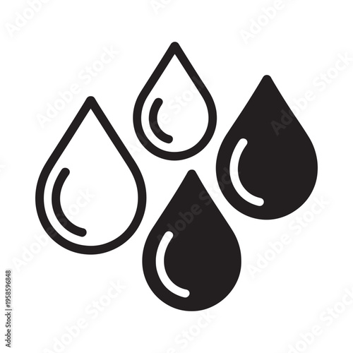 Simple black and white illustration depicting several water droplets