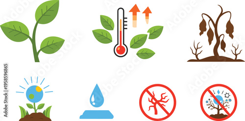Plant health and climate change icons set with growth temperature drought water stress vector illustration collection