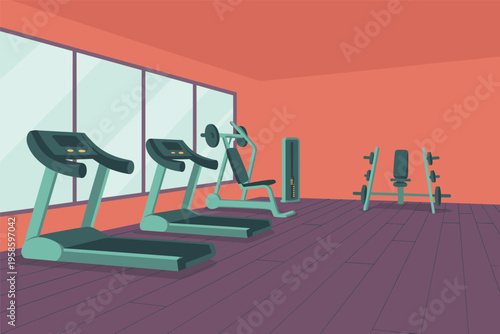 Empty Gym Interior with Fitness Equipment Illustration, gym workout concept